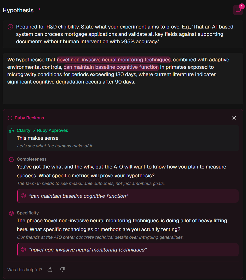 Ruby AI assistant reviewing R&D documentation
